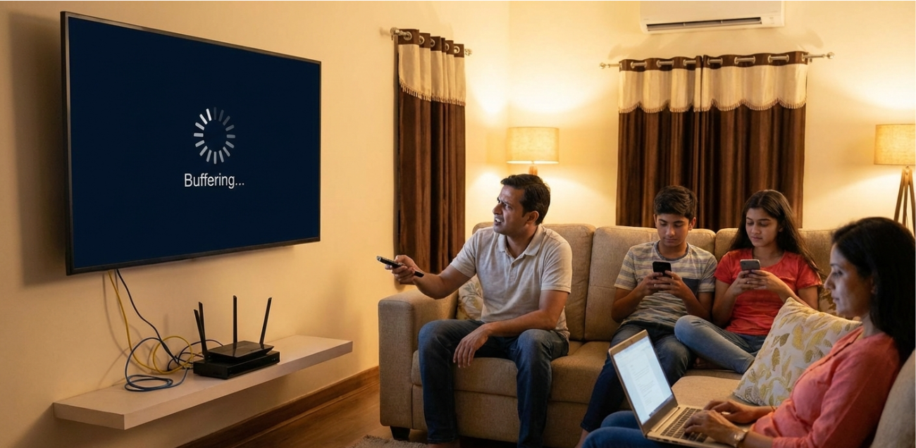 Smart TV experiencing weak WiFi signal during home streaming.