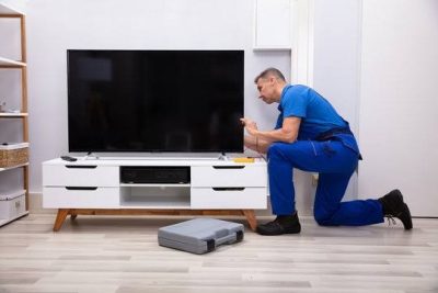 Smart TV displaying Wi-Fi network settings in a living room